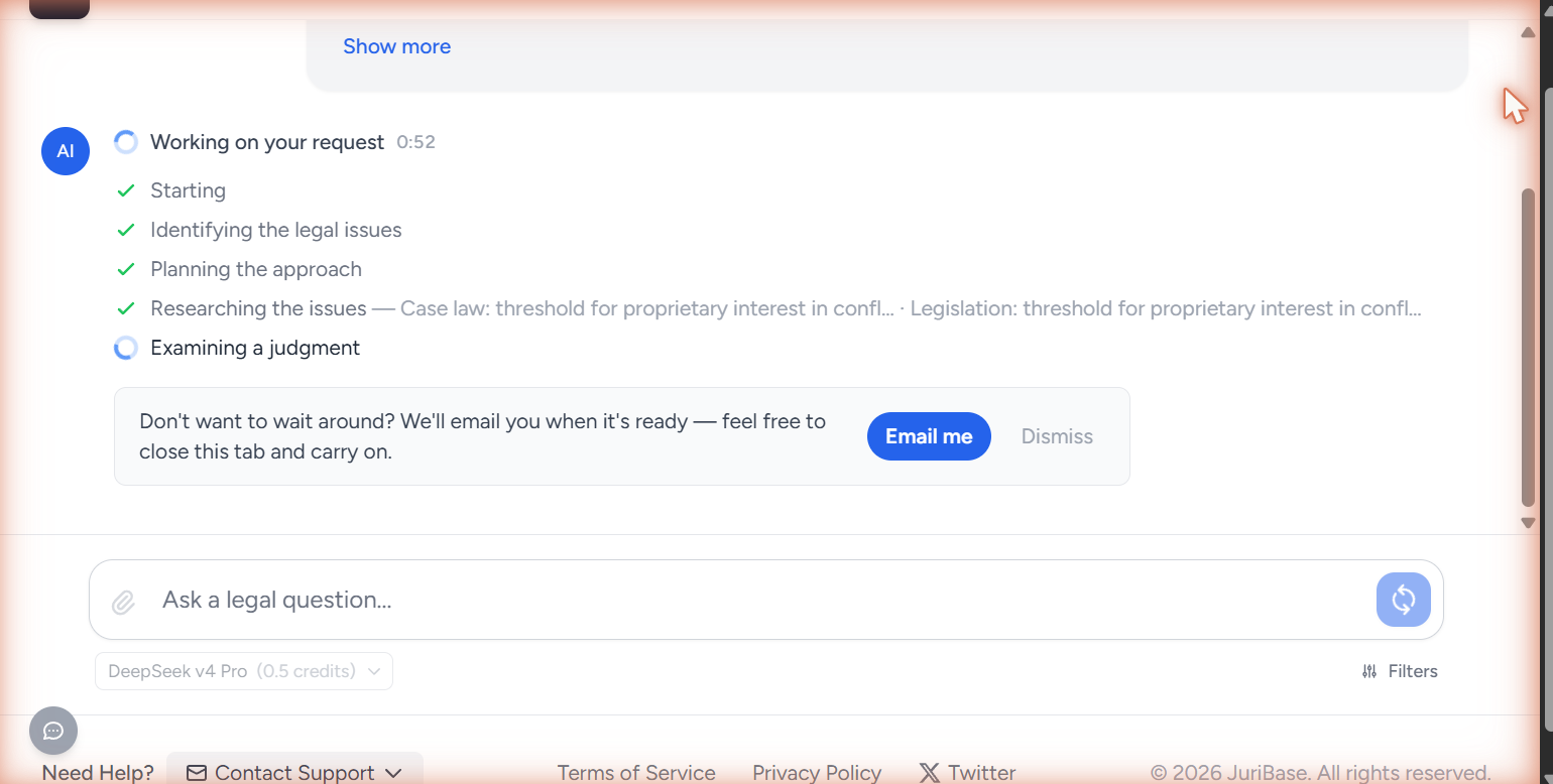 A research run in progress, showing the completed steps and the banner offering to email you when the work is ready