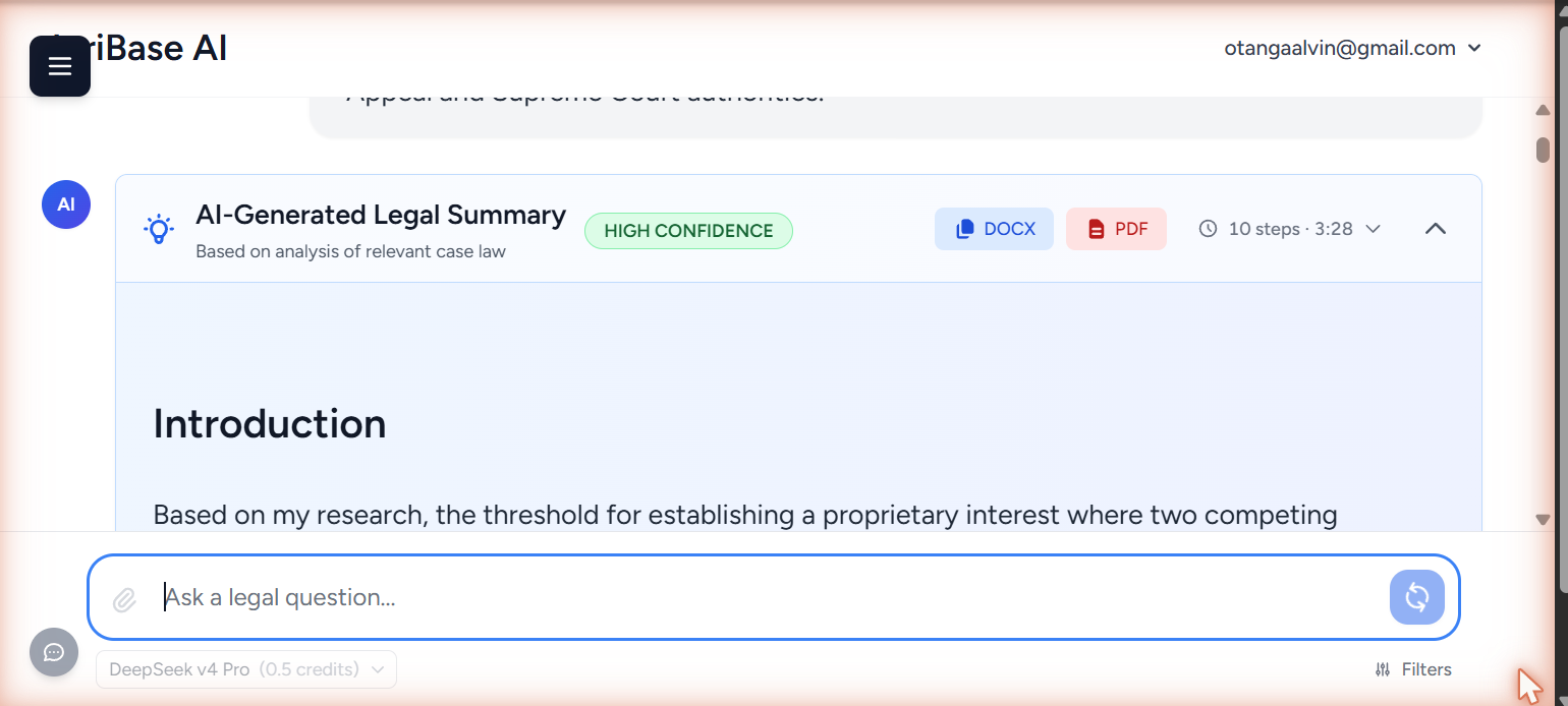 The top of an answer, showing a HIGH CONFIDENCE badge, DOCX and PDF export buttons, and a note that it took 10 steps over 3 minutes 28