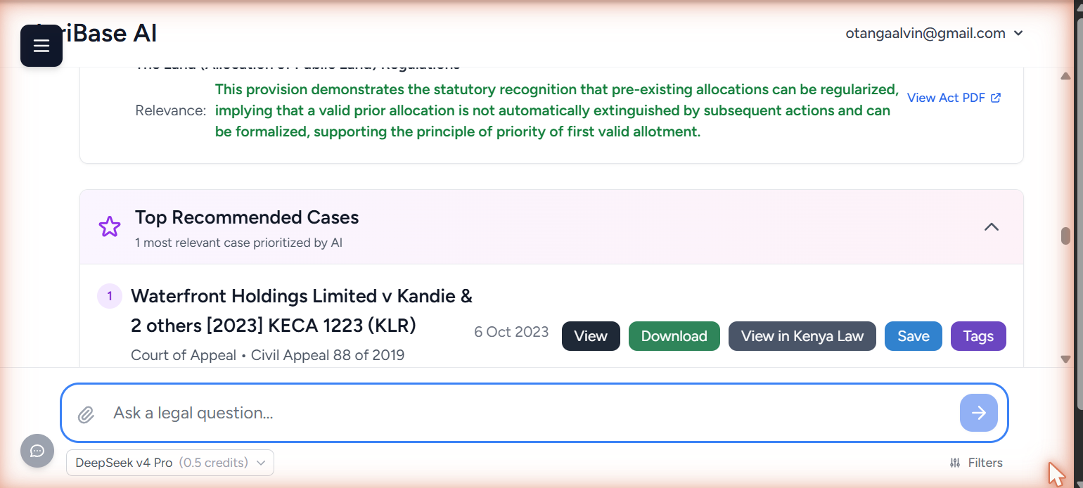 The Top Recommended Cases panel, listing the authority with its court and case number alongside View, Download and View in Kenya Law buttons