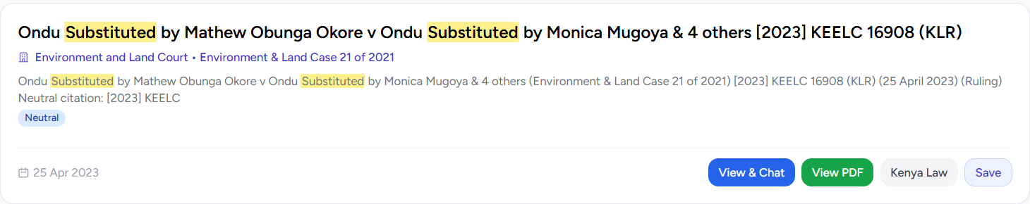 A keyword search result for a judgment, showing the case name and neutral citation, the court and case number, a highlighted extract, a Neutral authority-strength badge, and View & Chat, View PDF, Kenya Law and Save buttons