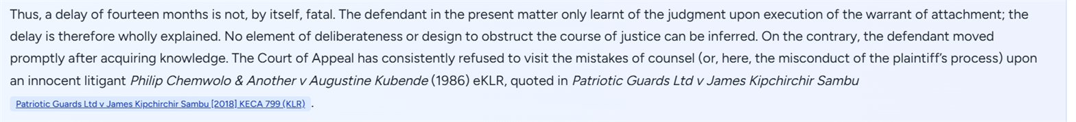 A paragraph from a research answer discussing delay, ending with a clickable citation chip reading Patriotic Guards Ltd v James Kipchirchir Sambu 2018 KECA 799 KLR