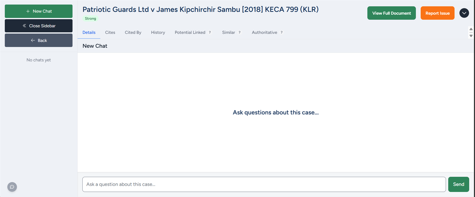 The case page for Patriotic Guards Ltd v James Kipchirchir Sambu: the case title with a green Strong badge, View Full Document and Report Issue buttons, a row of tabs — Details, Cites, Cited By, History, Potential Linked, Similar, Authoritative — and the chat panel reading "Ask questions about this case…" above an input box and Send button, with a New Chat sidebar on the left