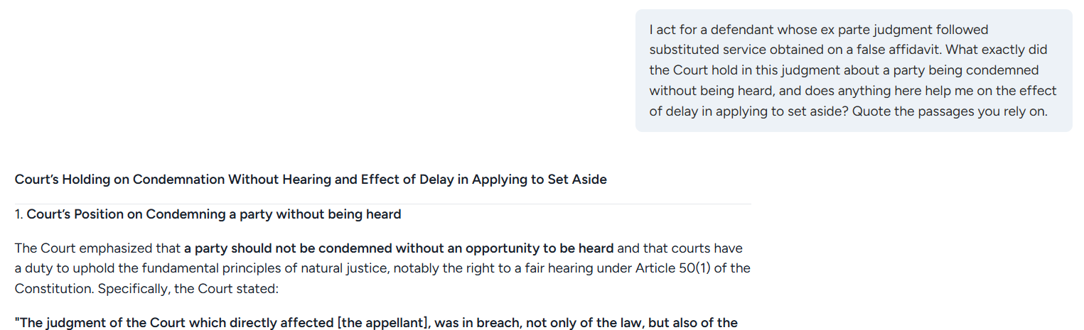 The case chat: a question asking what the Court held about a party being condemned without being heard and whether anything helps on delay, and the reply, headed Court's Holding on Condemnation Without Hearing and Effect of Delay, quoting the Court's statement on natural justice and Article 50(1)