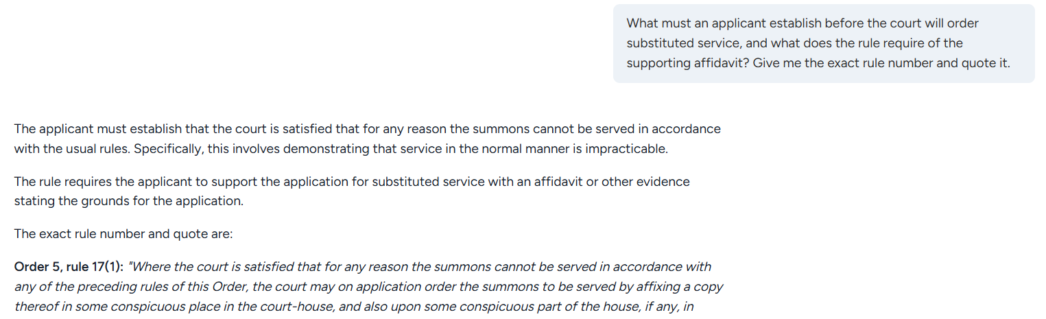 The Act chat on the Civil Procedure Rules: a question asking what an applicant must establish before the court will order substituted service and what the rule requires of the supporting affidavit, and the reply, which sets out the requirement and then gives Order 5, rule 17(1) with the text of the rule quoted