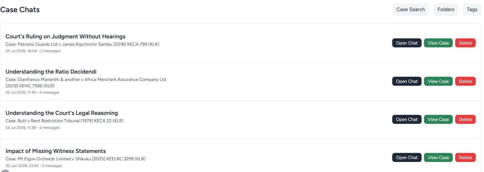 The Case Chats page listing saved conversations, each showing its title, the case it belongs to, the date and message count, with Open Chat, View Case and Delete buttons