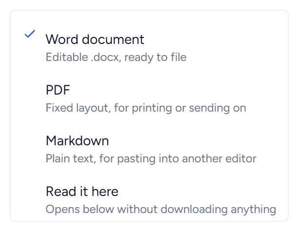The format menu opened from the arrow, listing four choices each with a one-line explanation: Word document, ticked, editable .docx ready to file; PDF, fixed layout for printing or sending on; Markdown, plain text for pasting into another editor; and Read it here, opens below without downloading anything