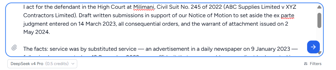 The drafting brief typed into the input box on the research screen, running to several paragraphs covering the court and suit number, the relief sought, the facts, and the structure required