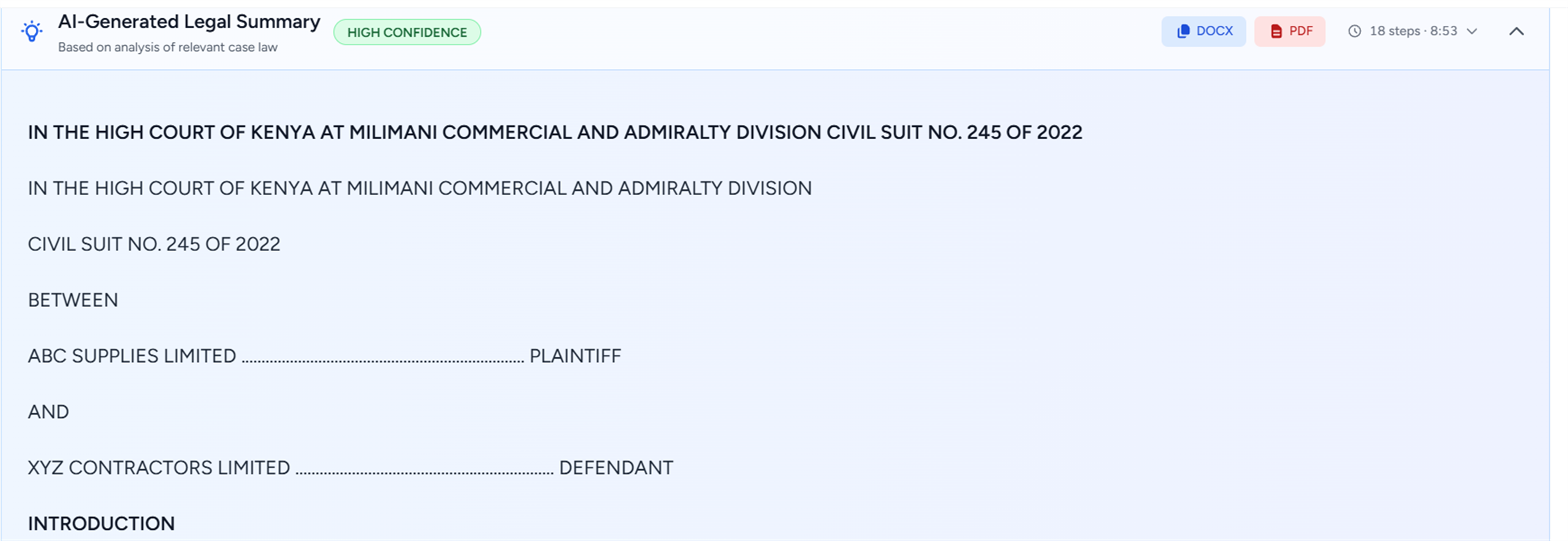 The top of the draft: an AI-Generated Legal Summary heading with a HIGH CONFIDENCE badge, DOCX and PDF export buttons, a note that it took 18 steps over 8 minutes 53, and the draft opening with the full cause title, the division, the suit number, and the parties set out BETWEEN and AND