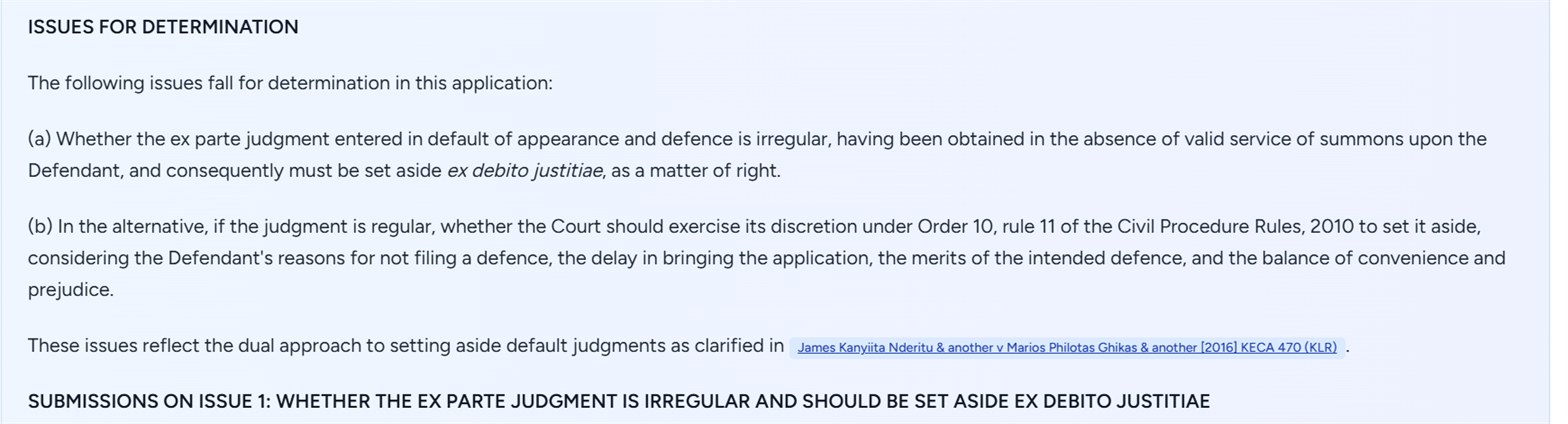 The Issues for Determination section setting out issue (a), whether the judgment is irregular and must be set aside ex debito justitiae, and issue (b), whether in the alternative the court should exercise its discretion under Order 10 rule 11, followed by an inline citation chip and the heading for Submissions on Issue 1