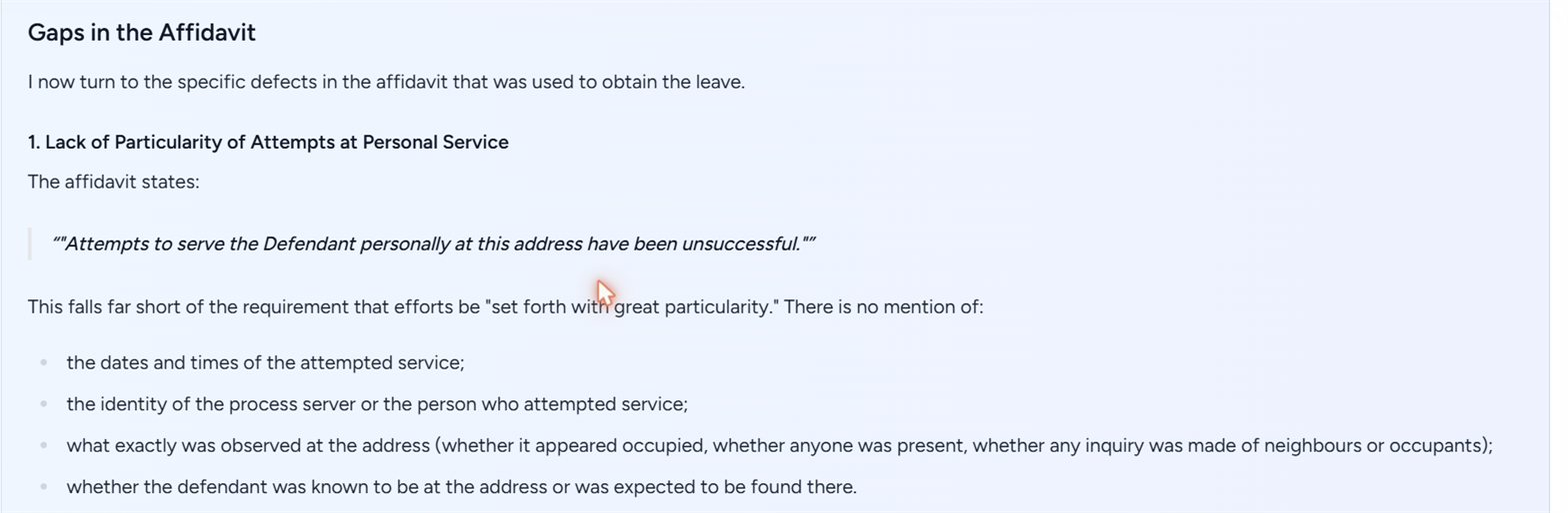 The section headed Gaps in the Affidavit, quoting the affidavit's statement about unsuccessful attempts at personal service and listing what it fails to mention — the dates and times of attempted service, the identity of the process server, what was observed at the address, and whether the defendant was expected to be found there