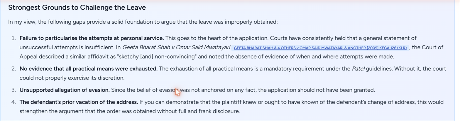 The section headed Strongest Grounds to Challenge the Leave, listing four ranked grounds — failure to particularise attempts at personal service, no evidence all practical means were exhausted, unsupported allegation of evasion, and the defendant's prior vacation of the address — each with reasoning and an inline citation chip