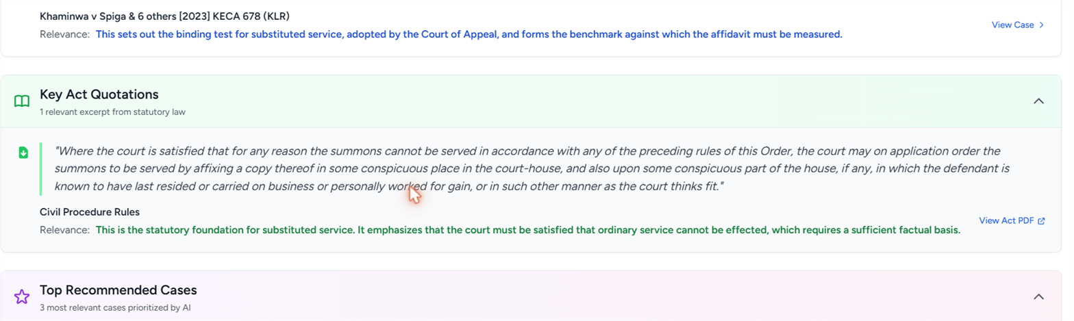 The Key Case Law Quotations panel quoting the seven-point test from Khaminwa v Spiga with a Relevance note and a View Case link, above the Key Act Quotations panel quoting the substituted service provision from the Civil Procedure Rules with a View Act PDF link, above the Top Recommended Cases panel