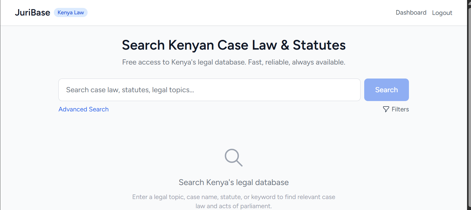 The Kenya Law search landing: a single search box beneath "Search Kenyan Case Law & Statutes", with an Advanced Search link and a Filters control