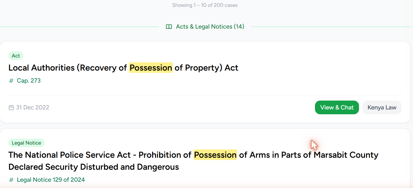 A results page for "adverse possession": below the case list and its count, an "Acts & Legal Notices" divider introduces statute results — an Act and a Legal Notice, each tagged with its type