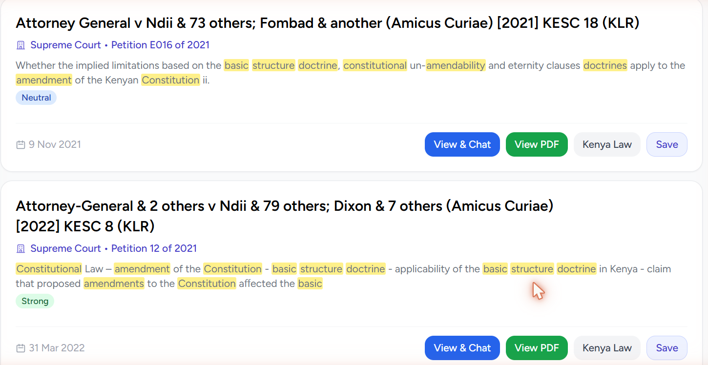Two case results, each with a highlighted extract, court and citation, and the four action buttons — one carrying a Neutral authority-strength badge, the other a Strong one