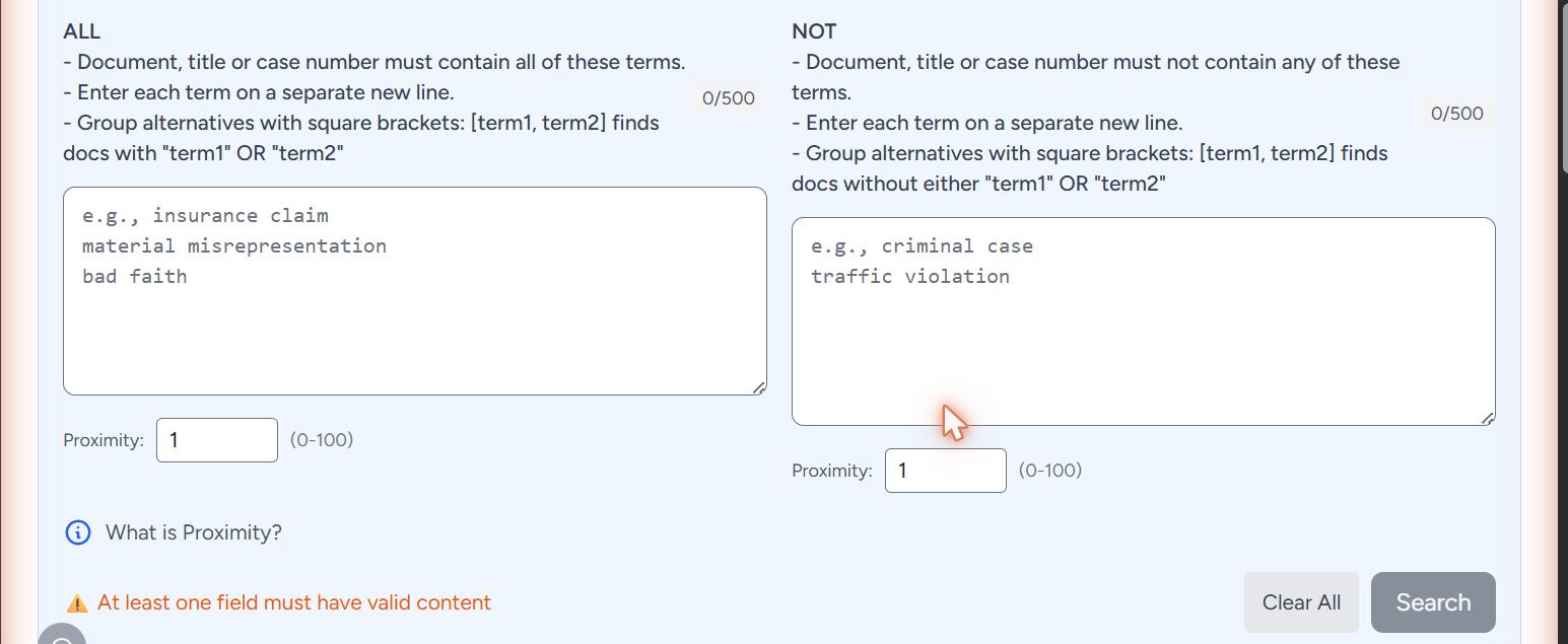 The Advanced Boolean search builder: an ALL field and a NOT field, each with a proximity control, above a "What is Proximity?" explainer