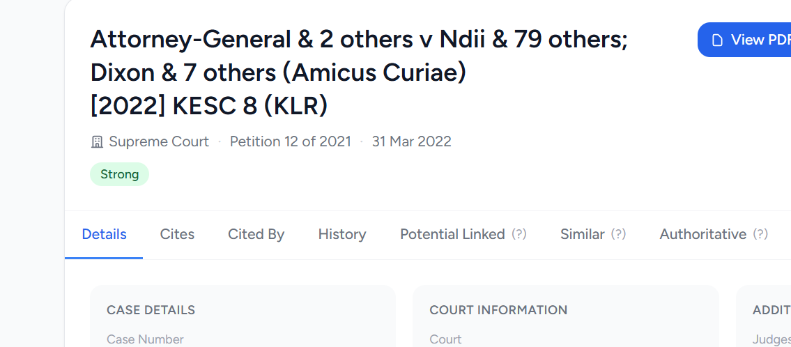 A single judgment's case page: the title, court, neutral citation and date, a green Strong authority-strength badge, and the row of tabs — Details, Cites, Cited By, History, Potential Linked, Similar, Authoritative — above the Details panel