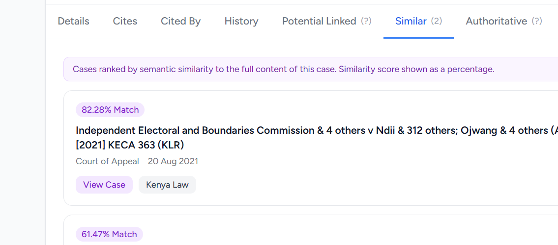 The Similar tab: a banner noting that cases are ranked by semantic similarity to the full content of this case, above cards each carrying a percentage-match pill — an 82% match and a 61% match — with case title, court and date