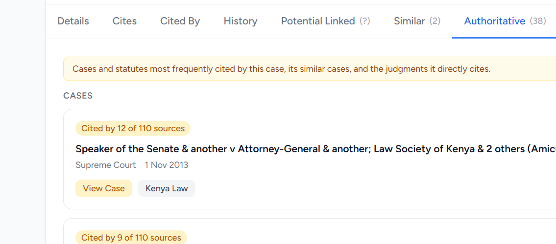 The Authoritative tab: a banner explaining the ranking, then a Cases section whose cards are tagged "Cited by 12 of 110 sources" and "Cited by 9 of 110 sources"