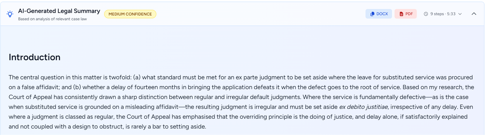 The top of the answer: an AI-Generated Legal Summary heading with a MEDIUM CONFIDENCE badge, DOCX and PDF export buttons, a note that it took 9 steps over 5 minutes 33, and an Introduction setting out the two questions and the regular-versus-irregular distinction