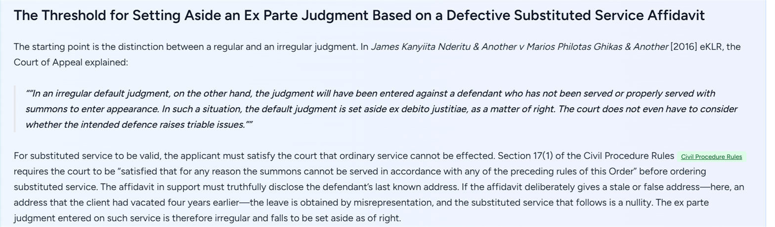 The section headed The Threshold for Setting Aside an Ex Parte Judgment Based on a Defective Substituted Service Affidavit, quoting James Kanyiita Nderitu v Marios Philotas Ghikas on irregular default judgments, followed by reasoning that a false address in the supporting affidavit makes the leave and the service that follows a nullity, with an inline Civil Procedure Rules citation chip