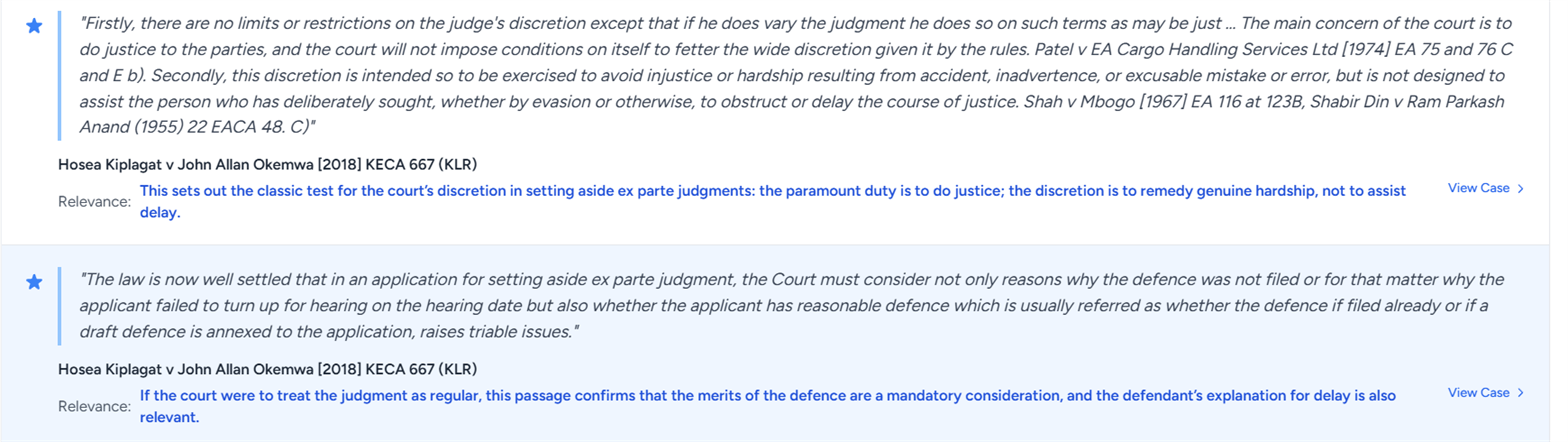 The Key Case Law Quotations panel: two quoted passages, each with its case citation, a Relevance note explaining what the passage establishes, and a View Case link